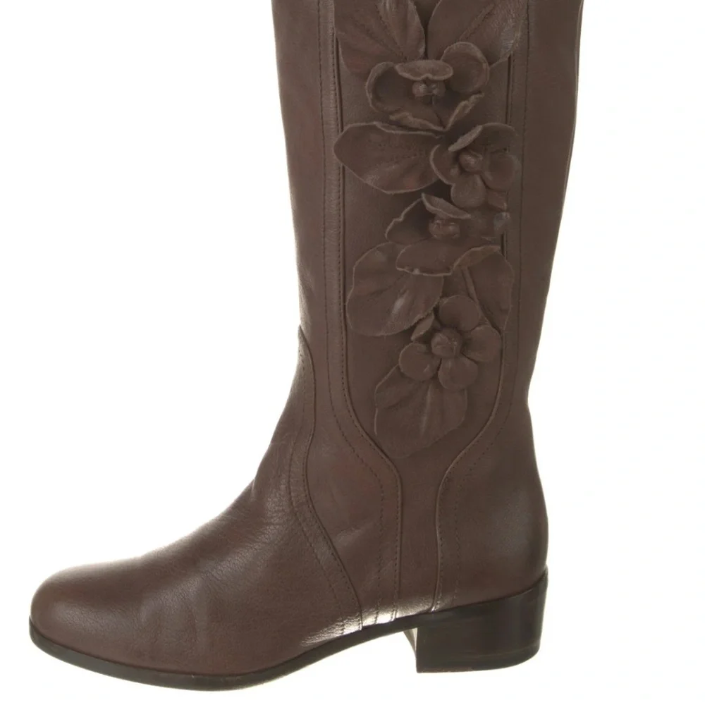 Valentino Garavani brown leather floral appliqué riding knee-high boots size 38.